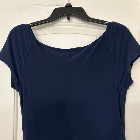 Evan Picone Blue Jersey Ruched Cap Sleeve Fit To Flare Asymmetrical Dress 10 - Picture 10 of 15